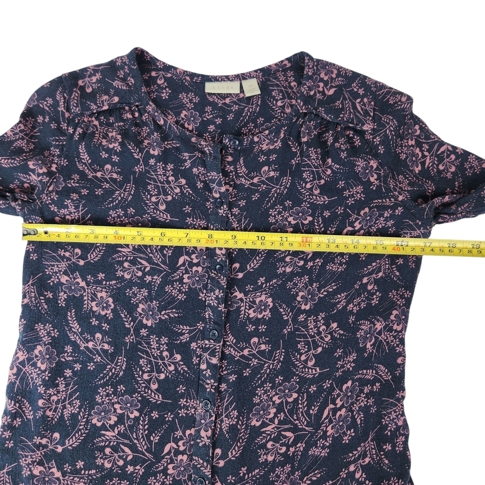 Hinge Navy Blue & Pink Floral Cottagecore Button-Front Blouse 3/4 Sleeve Size XS - Picture 9 of 10